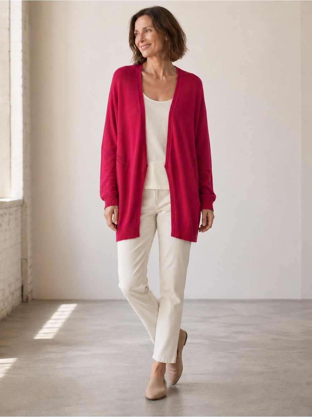 Eileen Fisher Size 3X Linen Knit Open Cardigan Raspberry